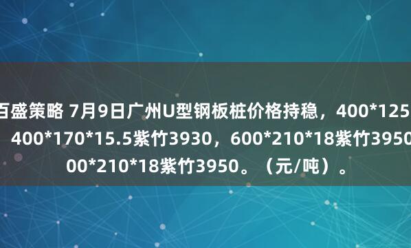 百盛策略 7月9日广州U型钢板桩价格持稳，400*125*13津西3930，400*170*15.5紫竹3930，600*210*18紫竹3950。（元/吨）。